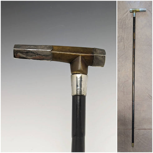 British Antique Men's Bamboo Stick Cane Sterling Silver Decoration Horn Clutch Handle 91cm